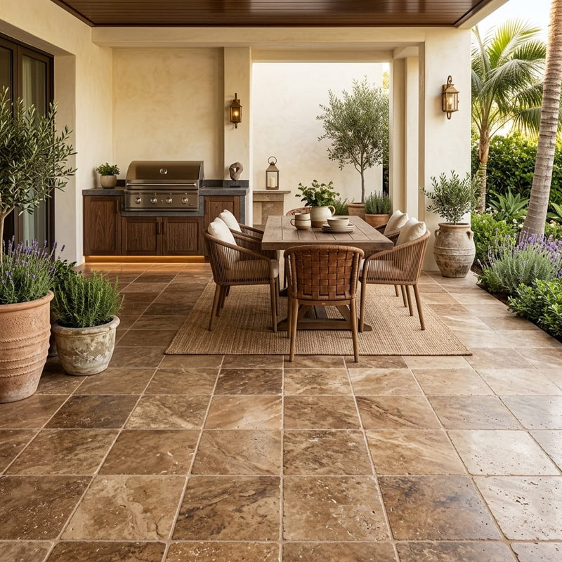 Chocolate Brown Walnut Travertine Tumbled 12 x 12 x 1.25 Paver 12x12 — Backyard patio