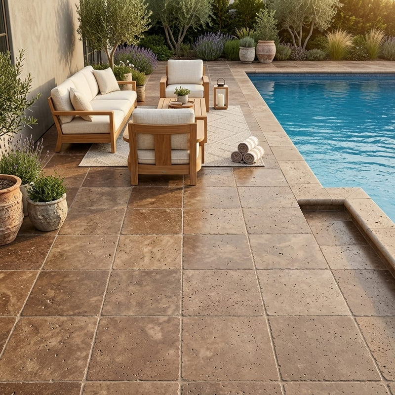 Chocolate Brown Walnut Travertine Tumbled 12 x 12 x 1.25 Paver 12x12 — Backyard pool deck