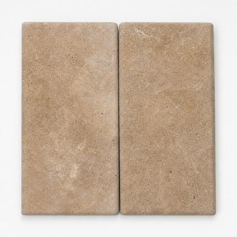 Chocolate Brown Walnut Travertine Tumbled 12 x 24 x 1.25 Bullnose Coping 12x24 close-up