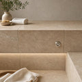 Chocolate Brown Walnut Travertine Tumbled 12 x 24 x 1.25 Bullnose Coping 12x24 pool coping — Spa spa overhang edge
