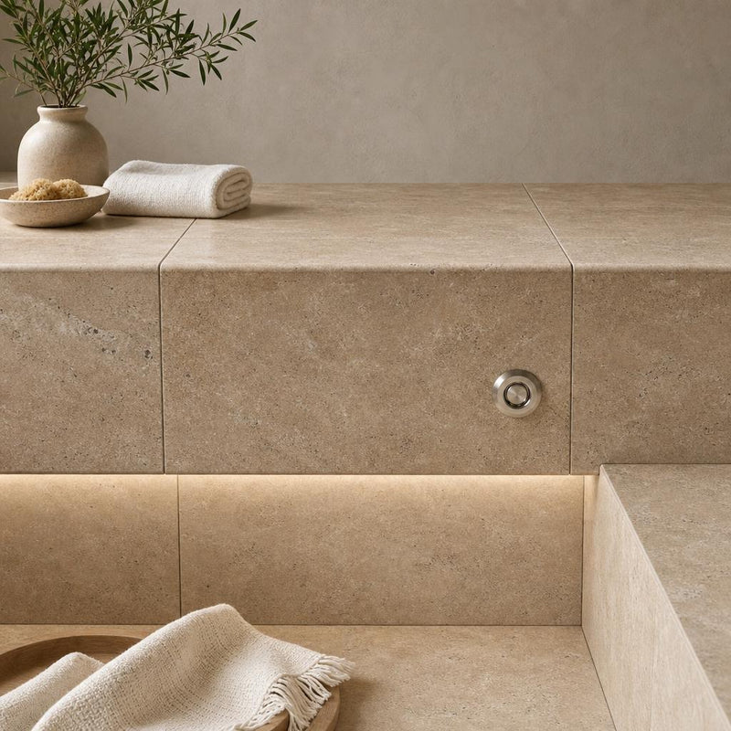 Chocolate Brown Walnut Travertine Tumbled 12 x 24 x 1.25 Bullnose Coping 12x24 pool coping — Spa spa overhang edge
