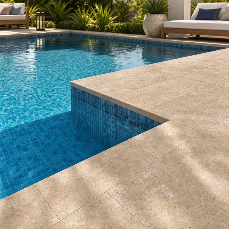 Chocolate Brown Walnut Travertine Tumbled 12 x 24 x 1.25 Bullnose Coping 12x24 pool coping — Swimming Pool pool edge drop-face coping