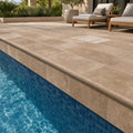 Chocolate Brown Walnut Travertine Tumbled 12 x 24 x 1.25 Bullnose Coping 12x24 pool coping — Swimming Pool remodel pool edge
