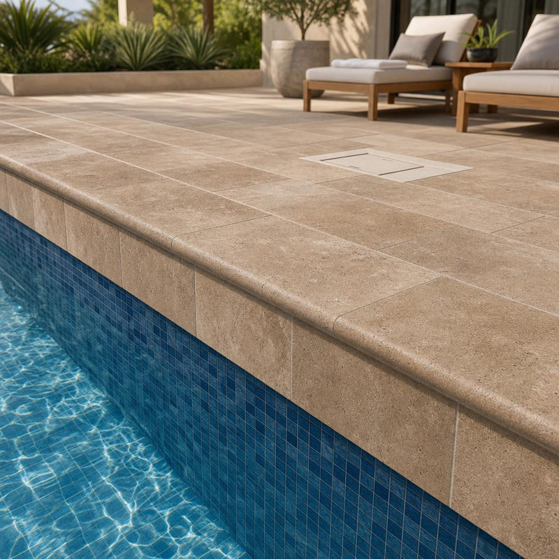 Chocolate Brown Walnut Travertine Tumbled 12 x 24 x 1.25 Bullnose Coping 12x24 pool coping — Swimming Pool remodel pool edge