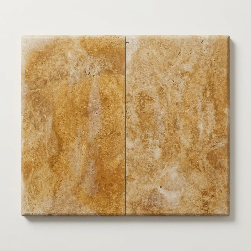 Chocolate Brown Walnut Travertine Tumbled 12 x 24 x 1.25 Double Bullnose Coping 12x24 close-up