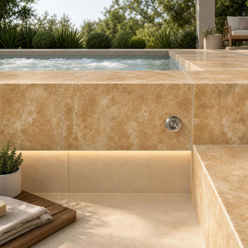 Chocolate Brown Walnut Travertine Tumbled 12 x 24 x 1.25 Double Bullnose Coping 12x24 pool coping — Spa spa overhang edge