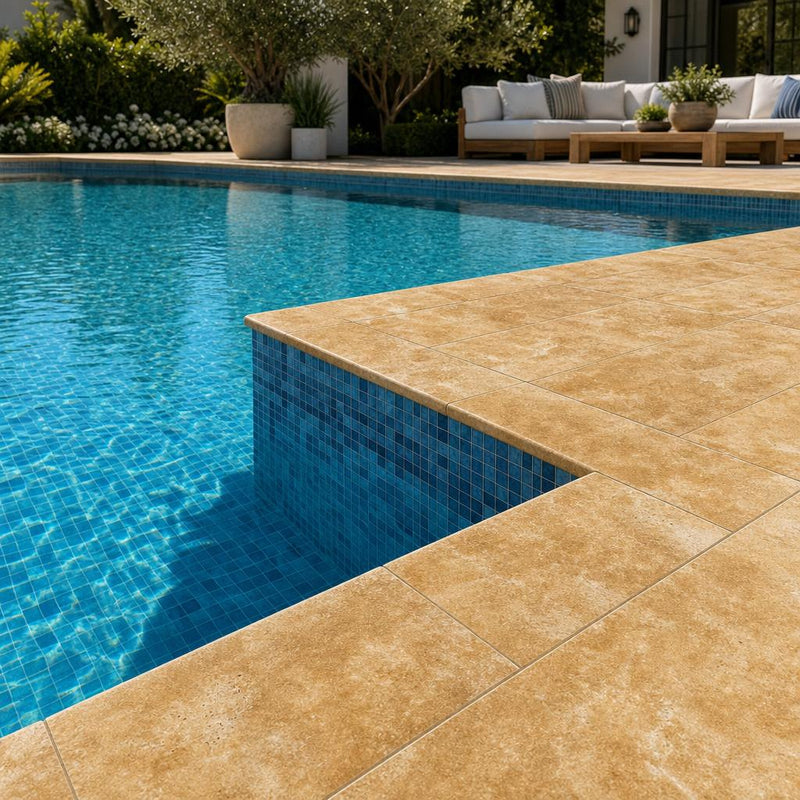 Chocolate Brown Walnut Travertine Tumbled 12 x 24 x 1.25 Double Bullnose Coping 12x24 pool coping — Swimming Pool pool edge drop-face coping