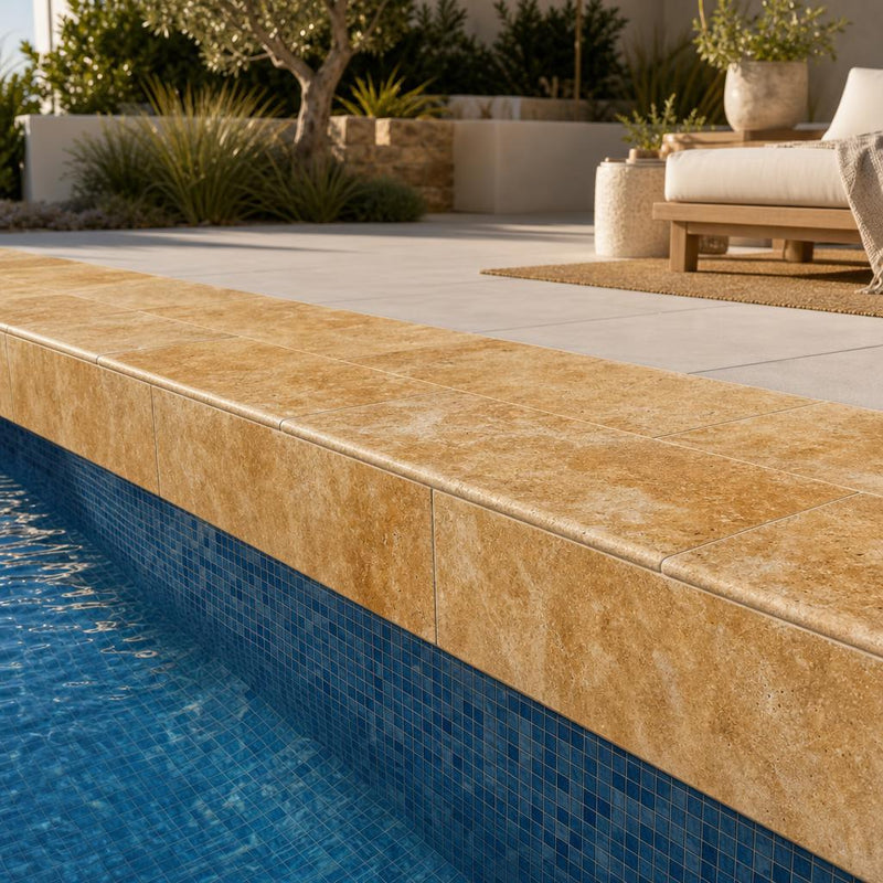 Chocolate Brown Walnut Travertine Tumbled 12 x 24 x 1.25 Double Bullnose Coping 12x24 pool coping — Swimming Pool remodel pool edge