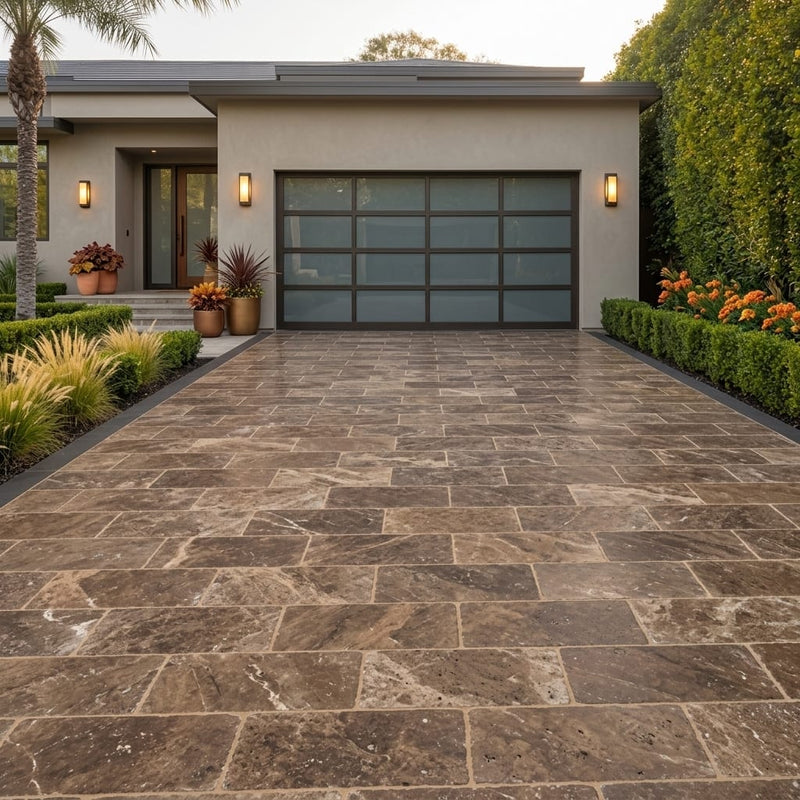 Chocolate Brown Walnut Travertine Tumbled 12 x 24 x 1.25 Paver 12x24 — Front Yard driveway