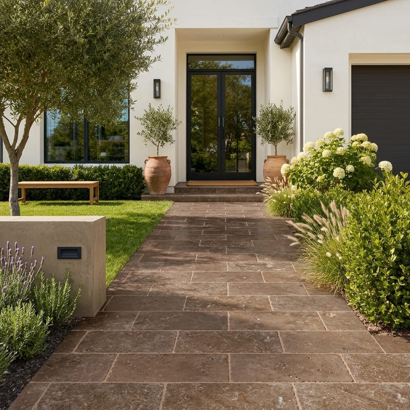 Chocolate Brown Walnut Travertine Tumbled 12 x 24 x 1.25 Paver 12x24 — Front Yard walkway
