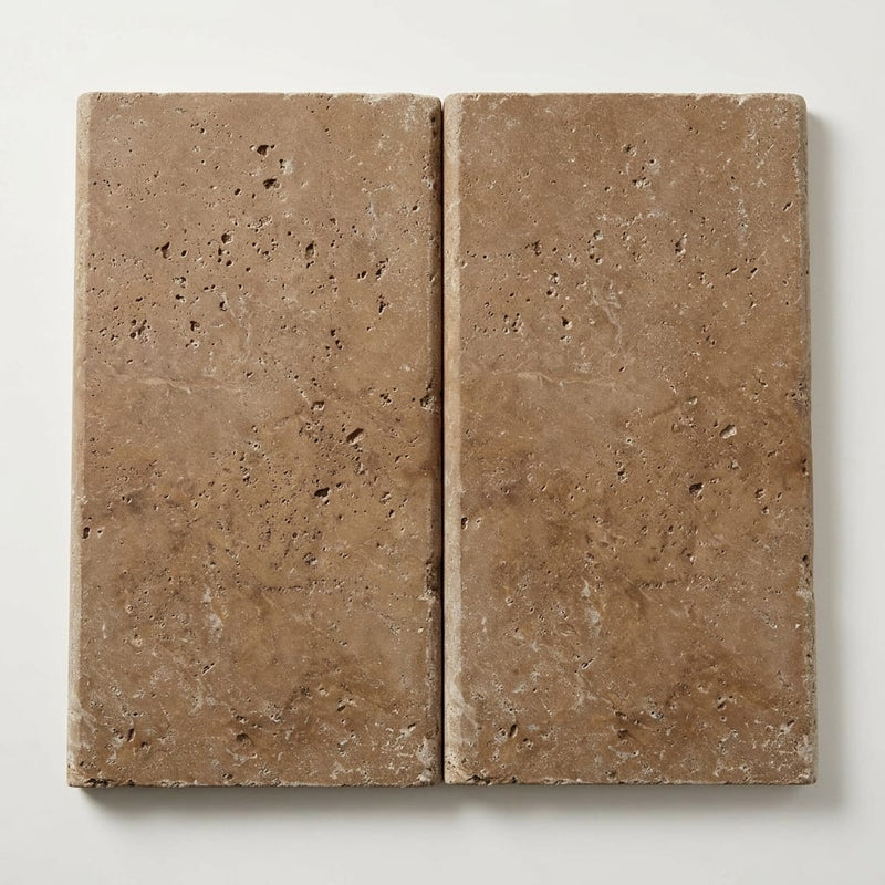 Chocolate Brown Walnut Travertine Tumbled 12 x 24 x 2 Bullnose Coping 12x24 close-up