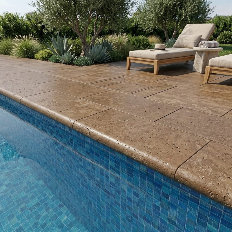 Chocolate Brown Walnut Travertine Tumbled 12 x 24 x 2 Bullnose Coping 12x24 pool coping — Swimming Pool remodel pool edge