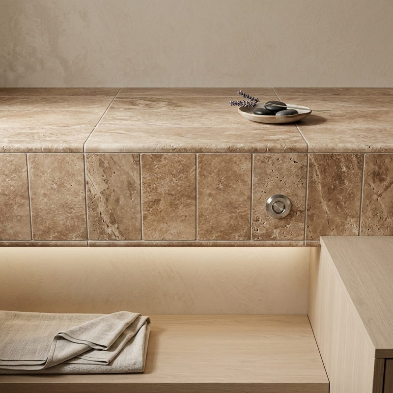 Chocolate Brown Walnut Travertine Tumbled 12 x 24 x 2 Double Bullnose Coping 12x24 pool coping — Spa spa overhang edge