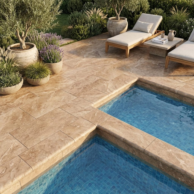Chocolate Brown Walnut Travertine Tumbled 12 x 24 x 2 Double Bullnose Coping 12x24 pool coping — Swimming Pool pool edge drop-face coping