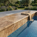 Chocolate Brown Walnut Travertine Tumbled 12 x 24 x 2 Double Bullnose Coping 12x24 pool coping — Swimming Pool remodel pool edge