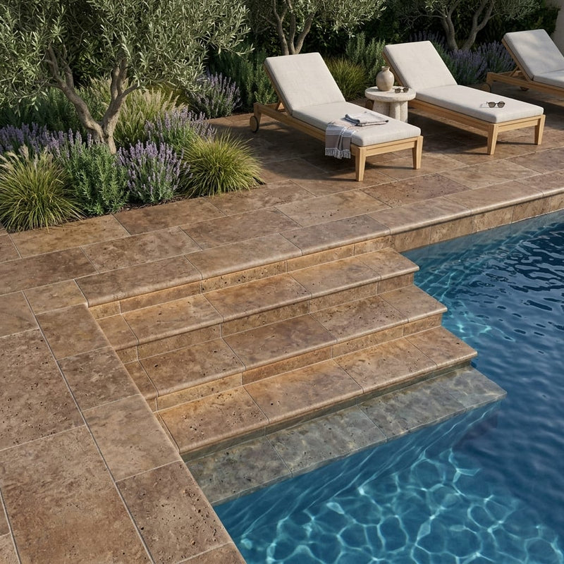 Chocolate Brown Walnut Travertine Tumbled 12 x 24 x 2 Double Modern Coping 12x24 pool coping — Swimming Pool pool step edge