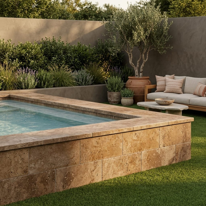 Chocolate Brown Walnut Travertine Tumbled 12 x 24 x 2 Double Modern Coping 12x24 pool coping — Swimming Pool raised bond beam cap