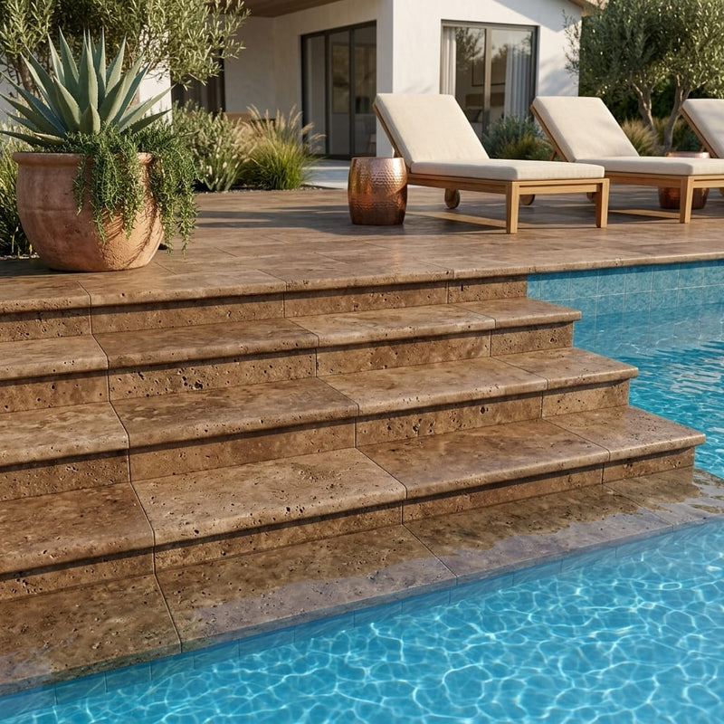 Chocolate Brown Walnut Travertine Tumbled 12 x 24 x 2 Modern Coping 12x24 pool coping — Swimming Pool pool step edge