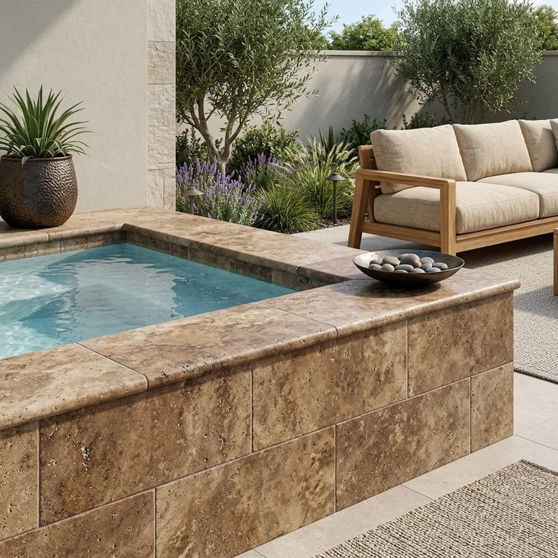 Chocolate Brown Walnut Travertine Tumbled 12 x 24 x 2 Modern Coping 12x24 pool coping — Swimming Pool raised bond beam cap