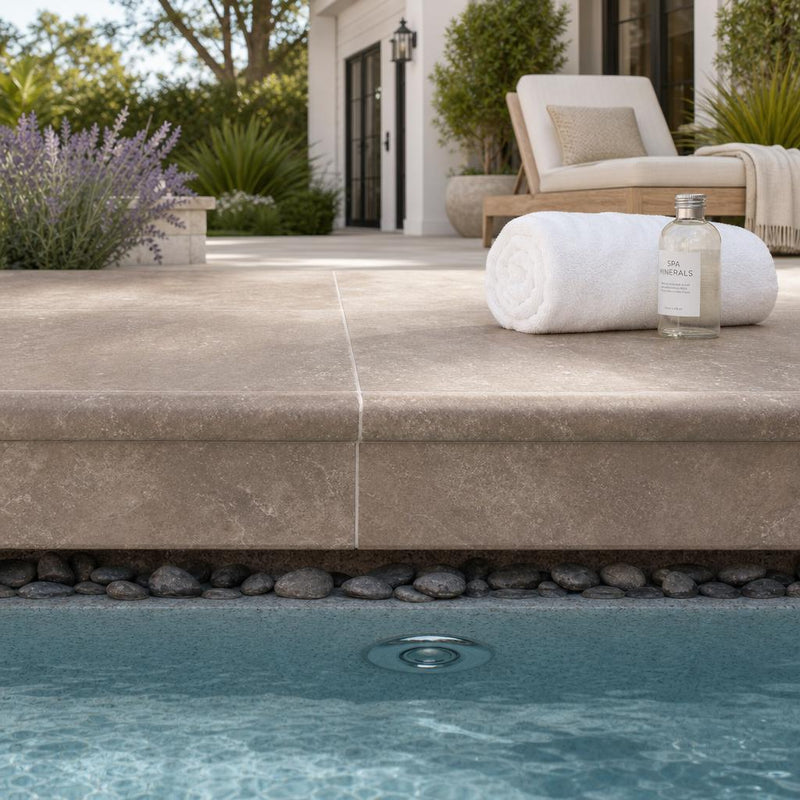 Chocolate Brown Walnut Travertine Tumbled 16 x 24 x 1.25 Bullnose Coping 16x24 pool coping — Spa spa overhang edge