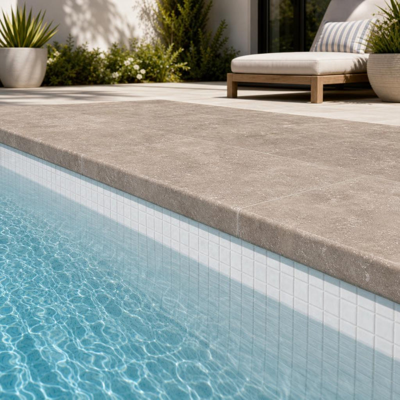 Chocolate Brown Walnut Travertine Tumbled 16 x 24 x 1.25 Bullnose Coping 16x24 pool coping — Swimming Pool pool edge drop-face coping