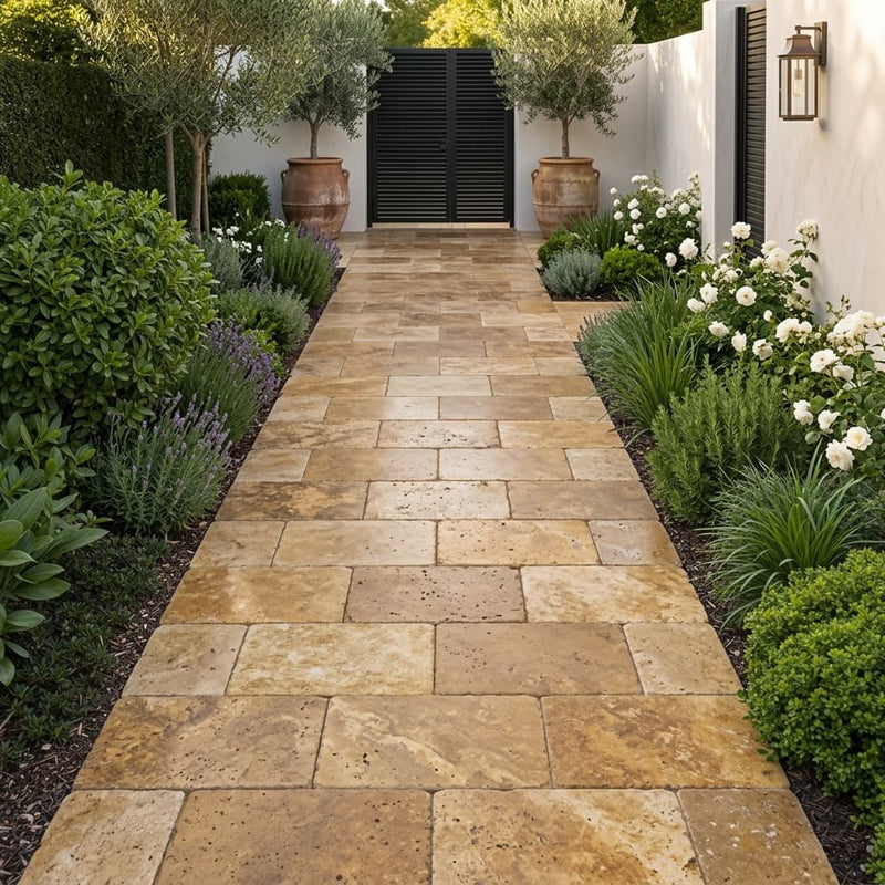 Chocolate Brown Walnut Travertine Tumbled 16 x 24 x 1.25 Paver 16x24 — Garden path