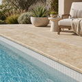 Chocolate Brown Walnut Travertine Tumbled 16 x 24 x 2 Bullnose Coping 16x24 pool coping — Swimming Pool pool edge drop-face coping