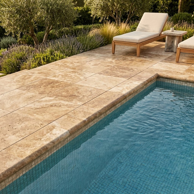 Chocolate Brown Walnut Travertine Tumbled 16 x 24 x 2 Bullnose Coping 16x24 pool coping — Swimming Pool pool edge drop-face coping