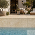 Chocolate Brown Walnut Travertine Tumbled 16 x 24 x 2 Bullnose Coping 16x24 pool coping — Swimming Pool remodel pool edge