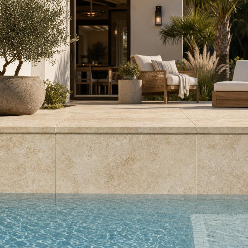 Chocolate Brown Walnut Travertine Tumbled 16 x 24 x 2 Bullnose Coping 16x24 pool coping — Swimming Pool remodel pool edge