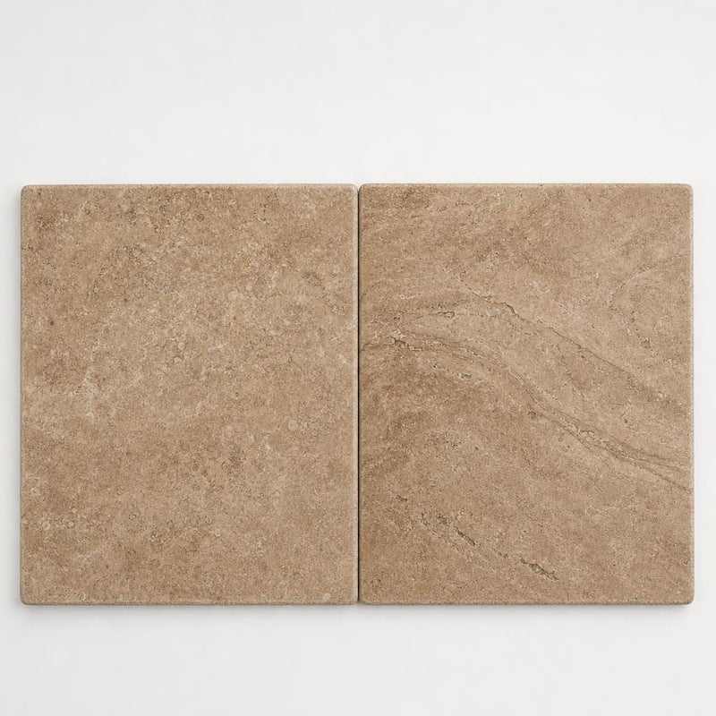 Chocolate Brown Walnut Travertine Tumbled 16 x 24 x 2 Double Bullnose Coping 16x24 close-up