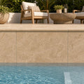 Chocolate Brown Walnut Travertine Tumbled 16 x 24 x 2 Double Bullnose Coping 16x24 pool coping — Swimming Pool remodel pool edge