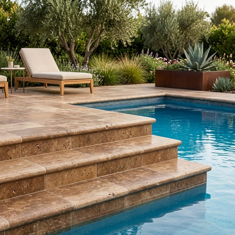 Chocolate Brown Walnut Travertine Tumbled 16 x 24 x 2 Double Modern Coping 16x24 pool coping — Swimming Pool pool step edge