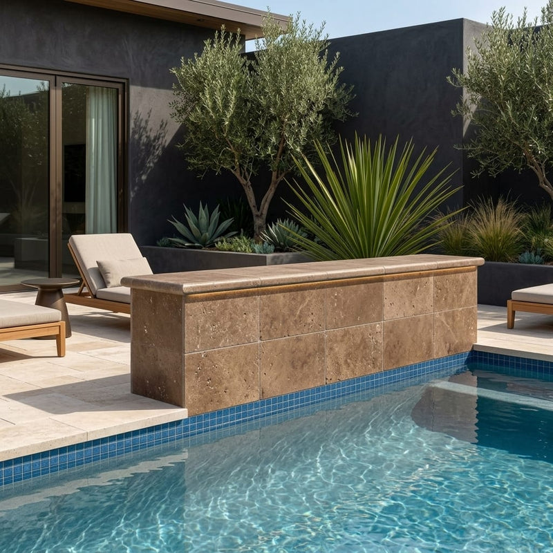 Chocolate Brown Walnut Travertine Tumbled 16 x 24 x 2 Modern Coping 16x24 pool coping — Swimming Pool raised bond beam cap