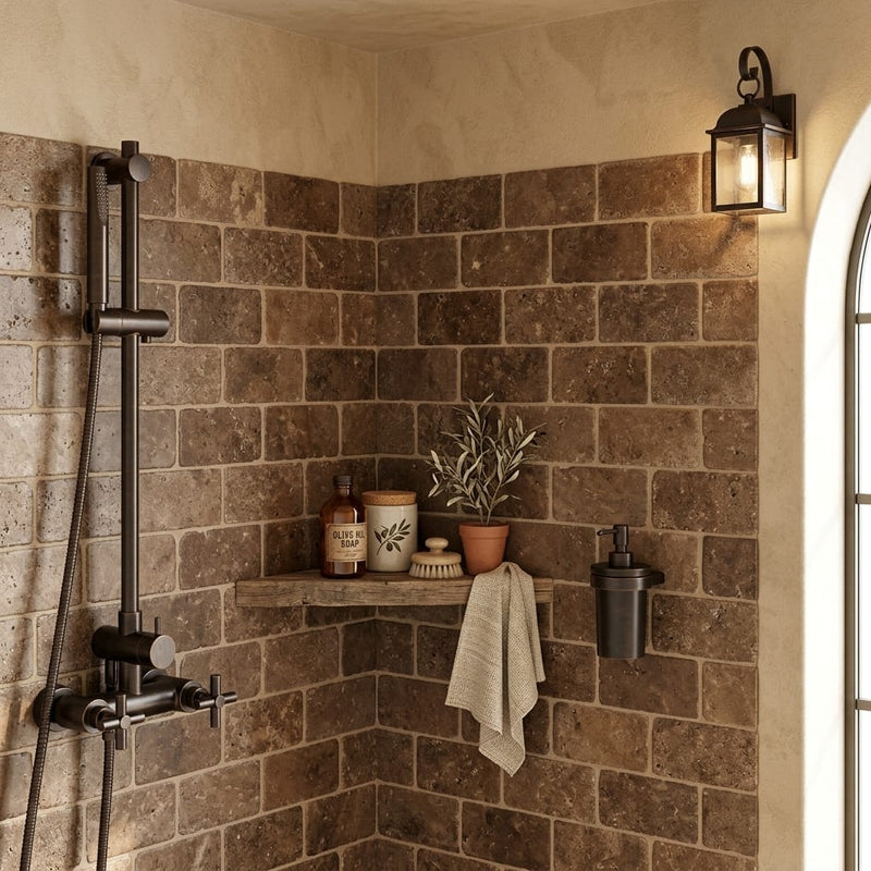 Chocolate Brown Walnut Travertine Tumbled 3 x 6 x 3/8 Cross Cut Tile 3x6 — Bathroom shower wall