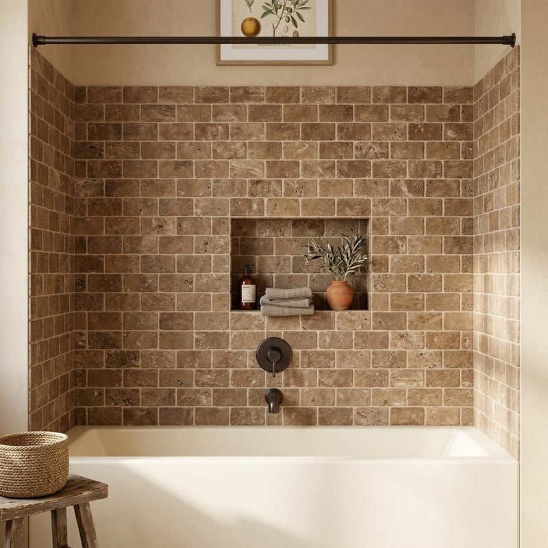 Chocolate Brown Walnut Travertine Tumbled 3 x 6 x 3/8 Cross Cut Tile 3x6 — Bathroom tub surround