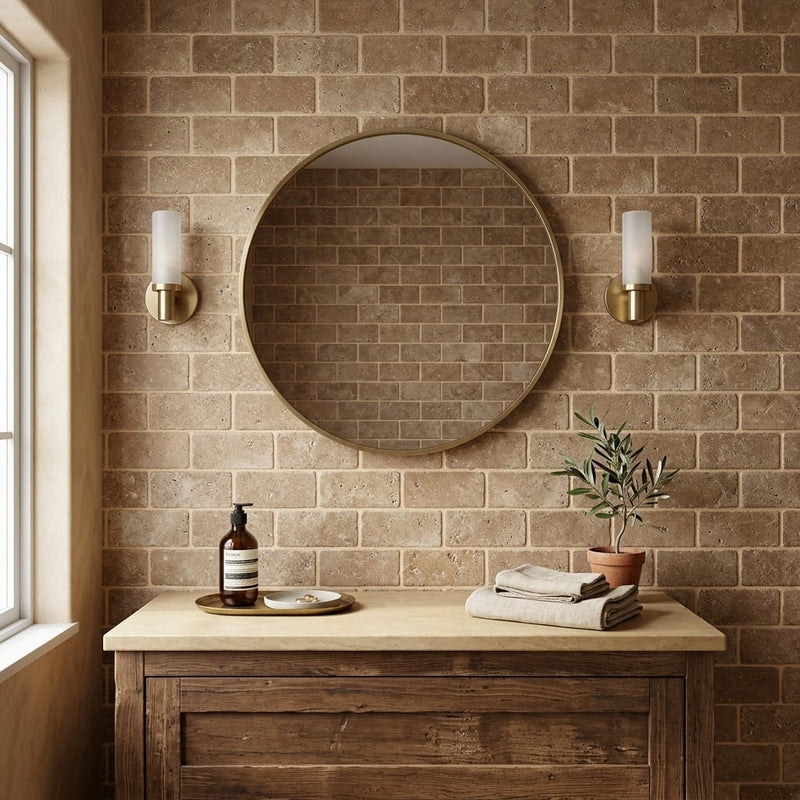 Chocolate Brown Walnut Travertine Tumbled 3 x 6 x 3/8 Cross Cut Tile 3x6 — Bathroom wall