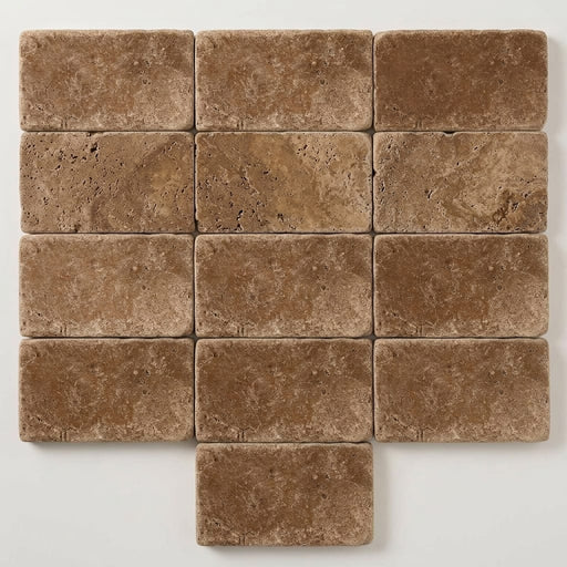 Chocolate Brown Walnut Travertine Tumbled 3 x 6 x 3/8 Cross Cut Tile 3x6 close-up