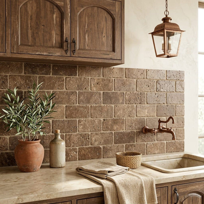 Chocolate Brown Walnut Travertine Tumbled 3 x 6 x 3/8 Cross Cut Tile 3x6 — Laundry Room backsplash