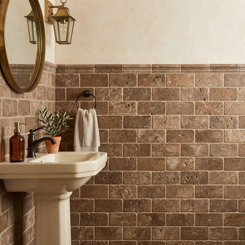 Chocolate Brown Walnut Travertine Tumbled 3 x 6 x 3/8 Cross Cut Tile 3x6 — Powder Room wainscot