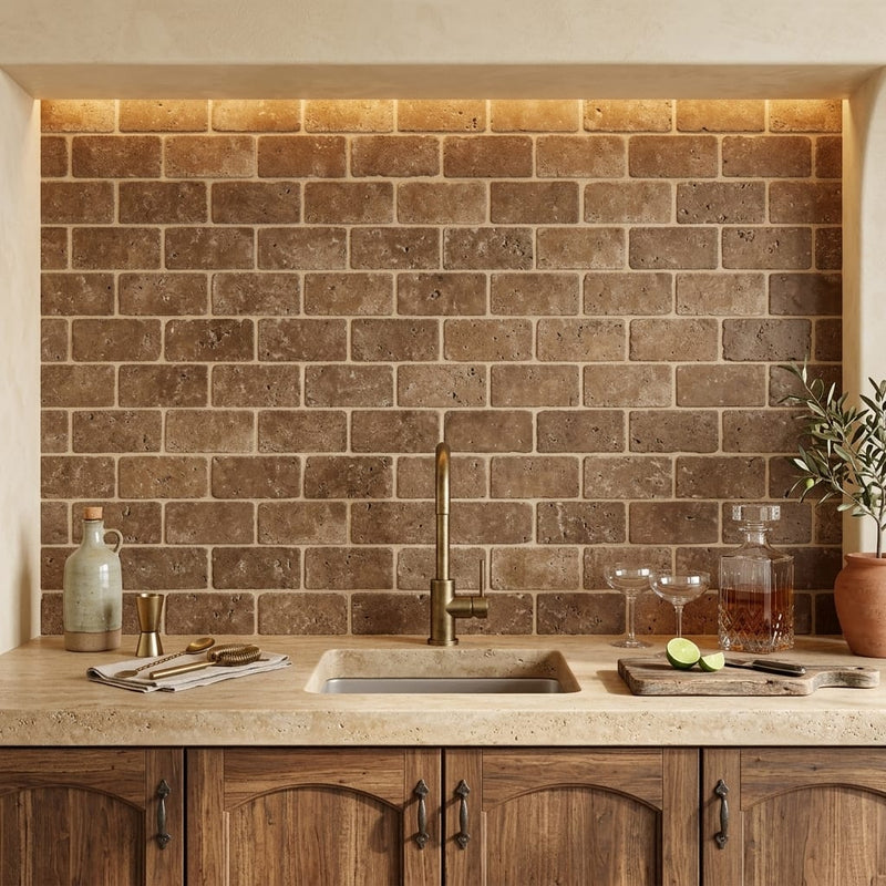 Chocolate Brown Walnut Travertine Tumbled 3 x 6 x 3/8 Cross Cut Tile 3x6 — Wet Bar backsplash