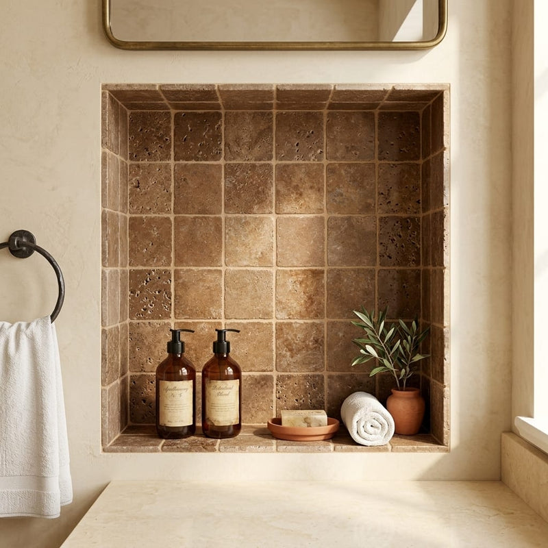 Chocolate Brown Walnut Travertine Tumbled 4 x 4 x 3/8 Cross Cut Tile 4x4 — Bathroom niche