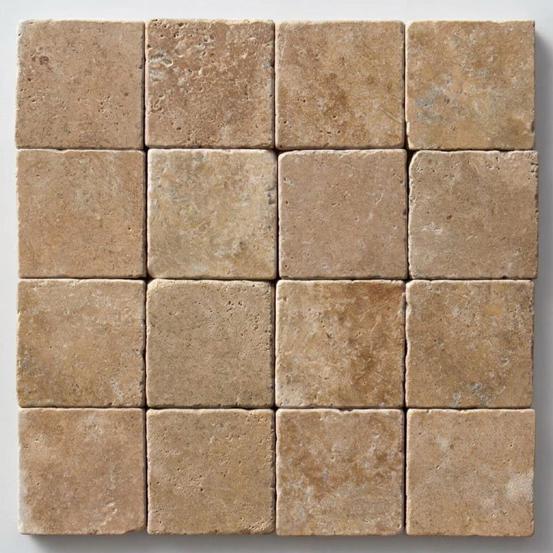 Chocolate Brown Walnut Travertine Tumbled 4 x 4 x 3/8 Cross Cut Tile 4x4 close-up