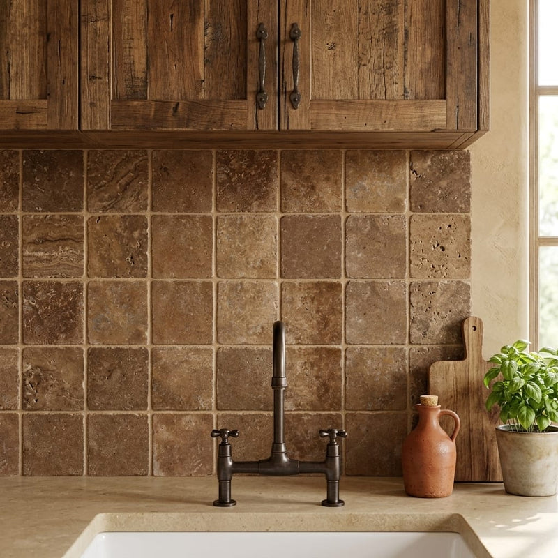 Chocolate Brown Walnut Travertine Tumbled 4 x 4 x 3/8 Cross Cut Tile 4x4 — Kitchen backsplash