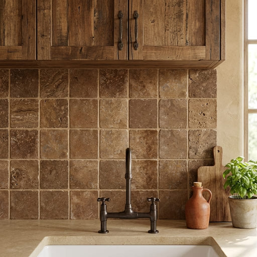 Chocolate Brown Walnut Travertine Tumbled 4 x 4 x 3/8 Cross Cut Tile 4x4 — Kitchen backsplash