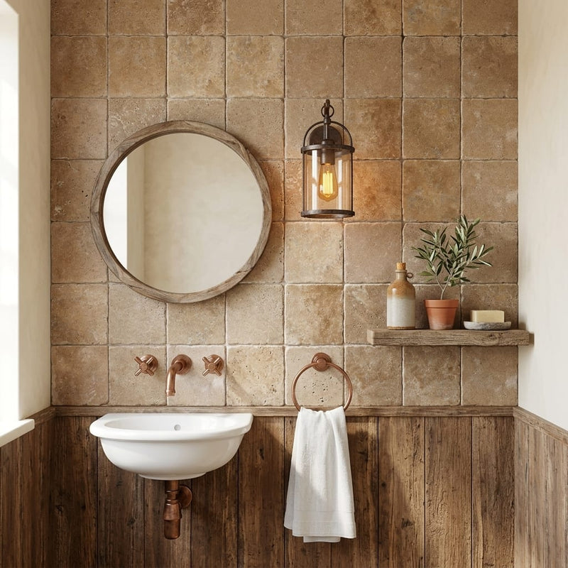 Chocolate Brown Walnut Travertine Tumbled 4 x 4 x 3/8 Cross Cut Tile 4x4 — Powder Room wall
