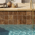Chocolate Brown Walnut Travertine Tumbled 4 x 4 x 3/8 Cross Cut Tile 4x4 — Swimming Pool waterline