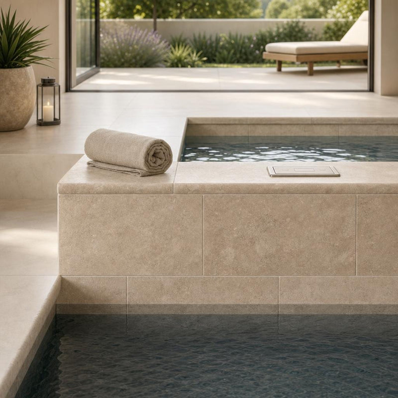 Chocolate Brown Walnut Travertine Tumbled 6 x 12 x 1.25 Bullnose Coping 6x12 pool coping — Spa spa overhang edge