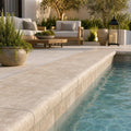 Chocolate Brown Walnut Travertine Tumbled 6 x 12 x 1.25 Bullnose Coping 6x12 pool coping — Swimming Pool pool edge drop-face coping