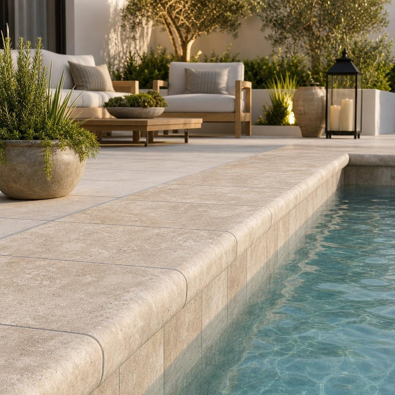 Chocolate Brown Walnut Travertine Tumbled 6 x 12 x 1.25 Bullnose Coping 6x12 pool coping — Swimming Pool pool edge drop-face coping